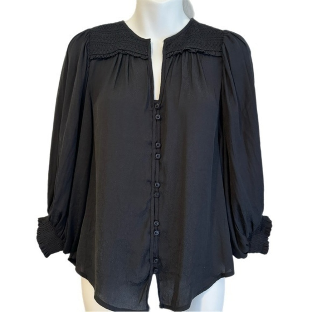 Anthropologie Black Button-Front Peasant Blouse